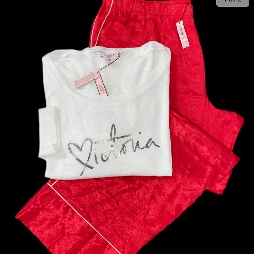 Victorias Secret Silky Satin pants & soft cozy long sleeve top pajama set red